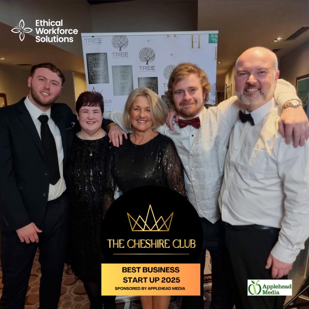 Aled,Janet,Jane,Stu and Ash from Ethical Workforce Solutions after winning Best Business Start-Up 2025 at the Crème de la Crème Cheshire Business Awards.