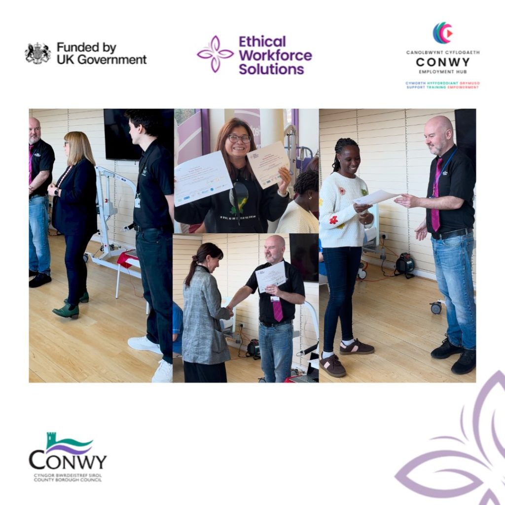 Learners collecting their certificates, after completing the 5 day fully funded course in Health and social care in Colwyn Bay