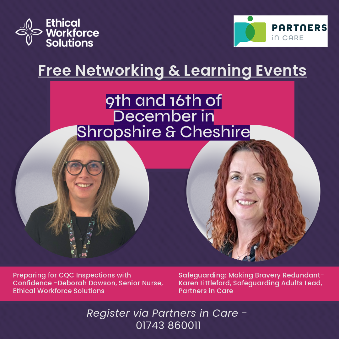 Free networking and learning event in Shropshire and Cheshire for health and social care- featuring Deborah Dawson And Karen Littleford - Graphic advertising the events in dec 2025