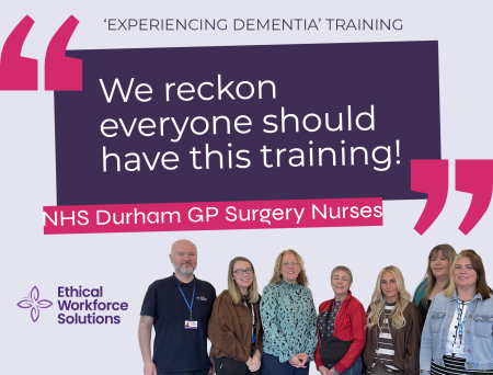 Care staff taking part in experiential dementia training using virtual reality goggles to support understanding dementia